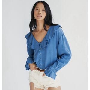 We The Free Amber Ruffle Top - XS Blue Linen Blend, Bell Sleeve, Boho Relaxed